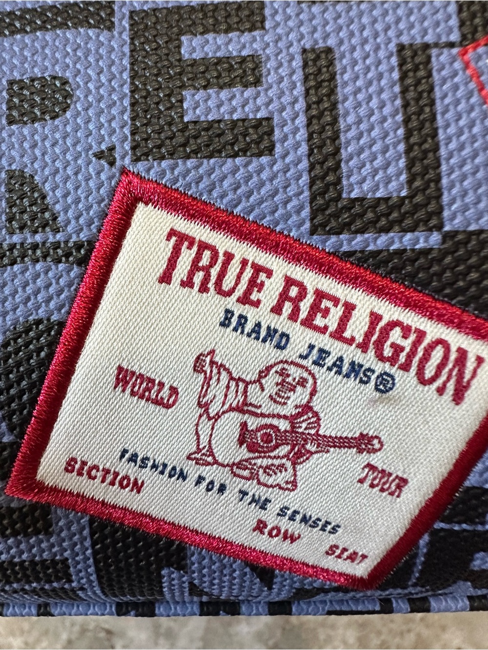 True Religion Multi Patch Satchel Bag Navy Denim Crossbody Monogram Y2K NWT - Picture 9 of 14